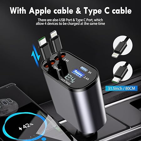 Cartex - Retractable Car Charger, 100W 4 in 1 Super Fast Charge Car Phone Charger, Retractable Cables (31.5 Inch) and 2 USB Ports Car Adapter